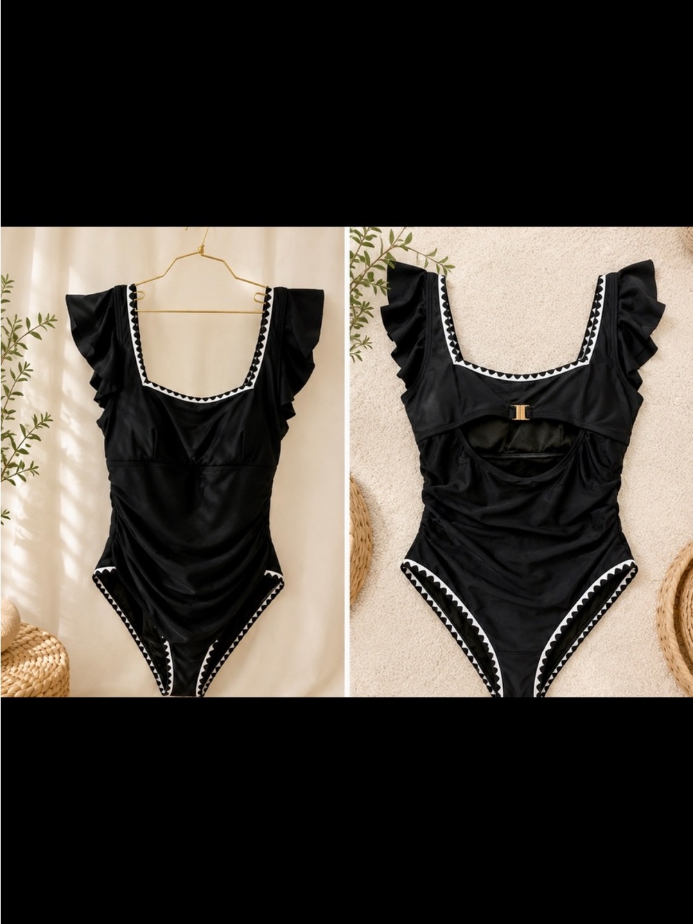 Cupshe Black One-Piece Swimsuit with White Scallop Trim